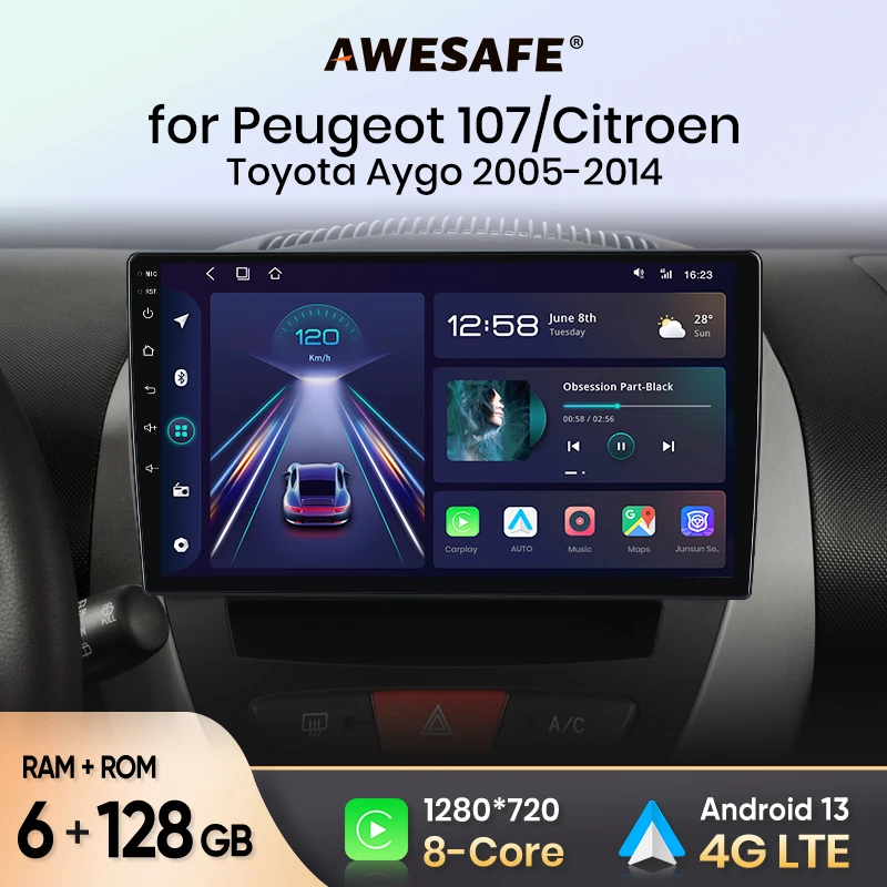 AWESAFE Wireless CarPlay Autoradio  For Peugeot 107 Citroen C1 Toyota Aygo 2005 2006 2007 2008 2009 2010-2014 Android Auto Radio