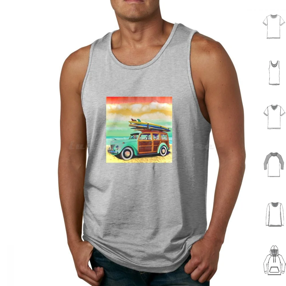 Surf Safari-Woody Totalmente Cargado. Camisetas sin mangas Chaleco Sin mangas Surf Surf Tabla de surf Woody Wagon Surf Mobile Beach Retro