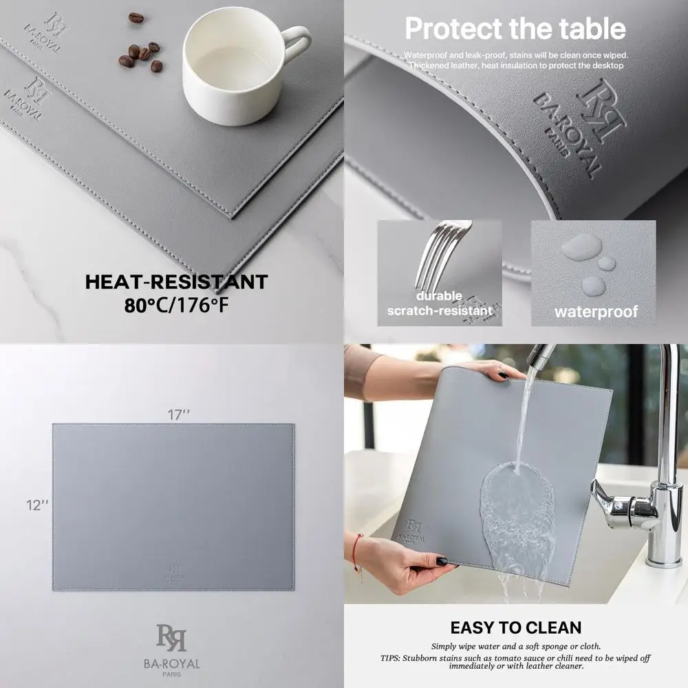 

Gray Faux Leather Placemats Set, 12 Pack, Waterproof & Heat Resistant, Easy to Clean, Non-Slip for Kitchen & Dining Tables, Suit