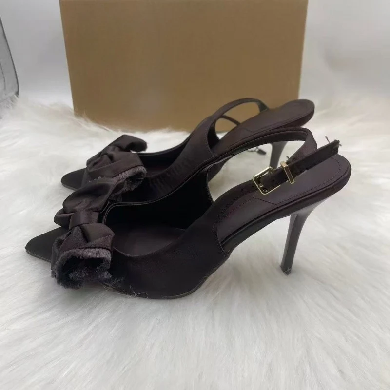 الساتان Bowknot عالية الكعب النساء أحذية الزفاف أشار تو مشبك حزام العلامة التجارية الفاخرة مصمم فستان الحفلات الإناث Slingback مضخات #5