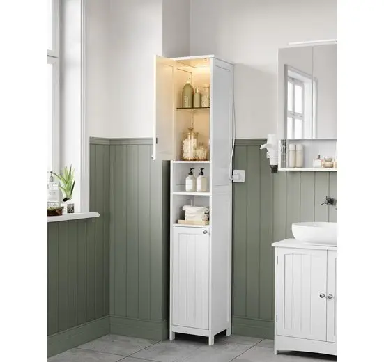 VASAGLE bathroom chest of drawers, bathroom cabinet with lighting, adjustable shelves