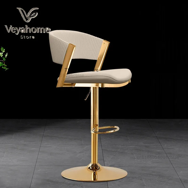 Modern Beige Upholstered Bar Stool with Gold Chrome Metal Frame, Adjustable Swivel Bar Chair for Kitchen Island Bar Cafe