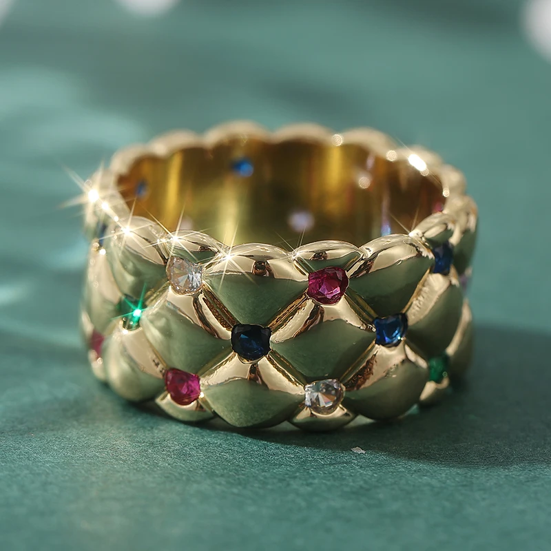 Wunderschöner Eingelegter Mehrfarbiger CZ Damenring Trendiger Goldfarbener Handgravierter Ring für Tägliches Tragen Partyschmuck Jubiläumsgeschenk – Detail 2