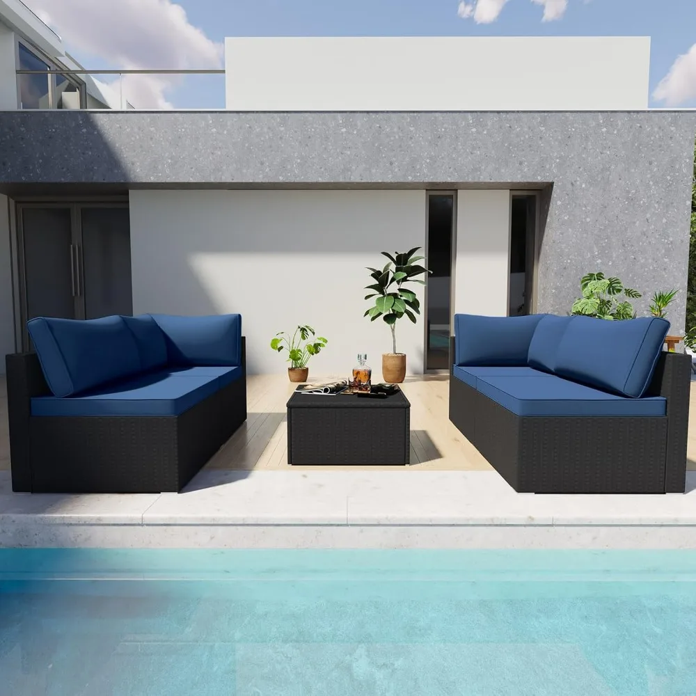 5 Pieces Patio Furniture Set - Outdoor Sectional Wicker Rattan Furniture with Cushion and Glass Table Patio Conversation Sets