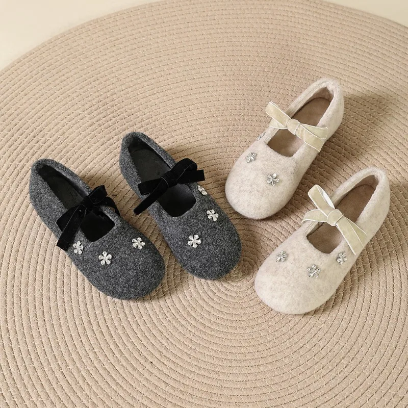 Girls Fuzzy Leather Shoes with Cute Bow 2026 New Winter Toddler Plush Lining Mary Jane Flats Non-slip Princess Party Dress Up