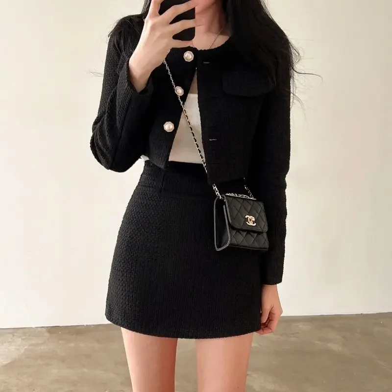 Insozkdg Korea Spring Autumn French Style Elegant Women Round Neck Tweed Long Sleeve Short Coats + High Waist A-Line Skirt Sets