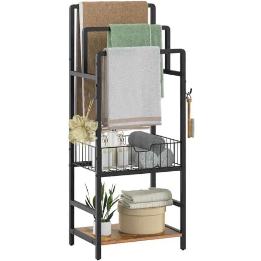 

Напольная вешалка для полотенец и одеял HOOBRO с 3 перекладинами, корзиной для хранения и полкой, держатель для полотенец с крючками, органайзер для одеял