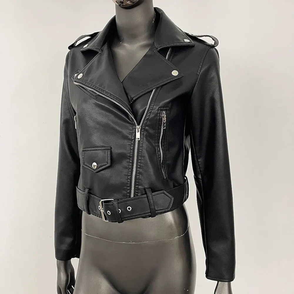 

Elegant Zipper PU Leather Coat Women Spring Autumn Faux Leather Jacket Lapel Long-sleeve Outwear Female Motorcycle Streetwear
