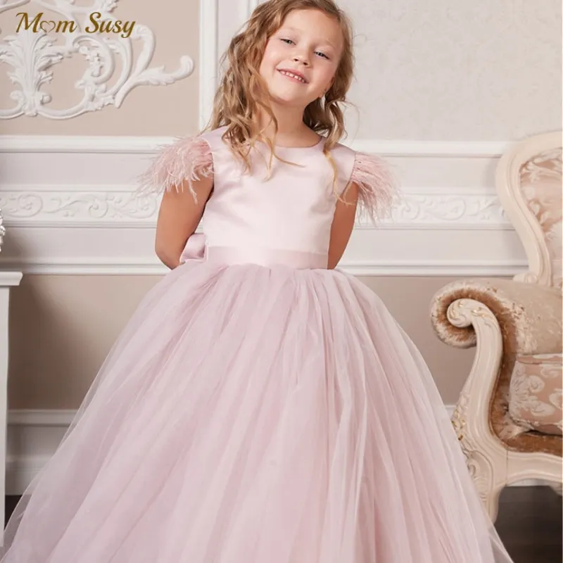 Fashion Baby Girl Princess Fly Feather Sleeve Tulle Dress Long Child Vintage Tutu Vestido Party Pageant Birthday Ball Gown 1-10Y