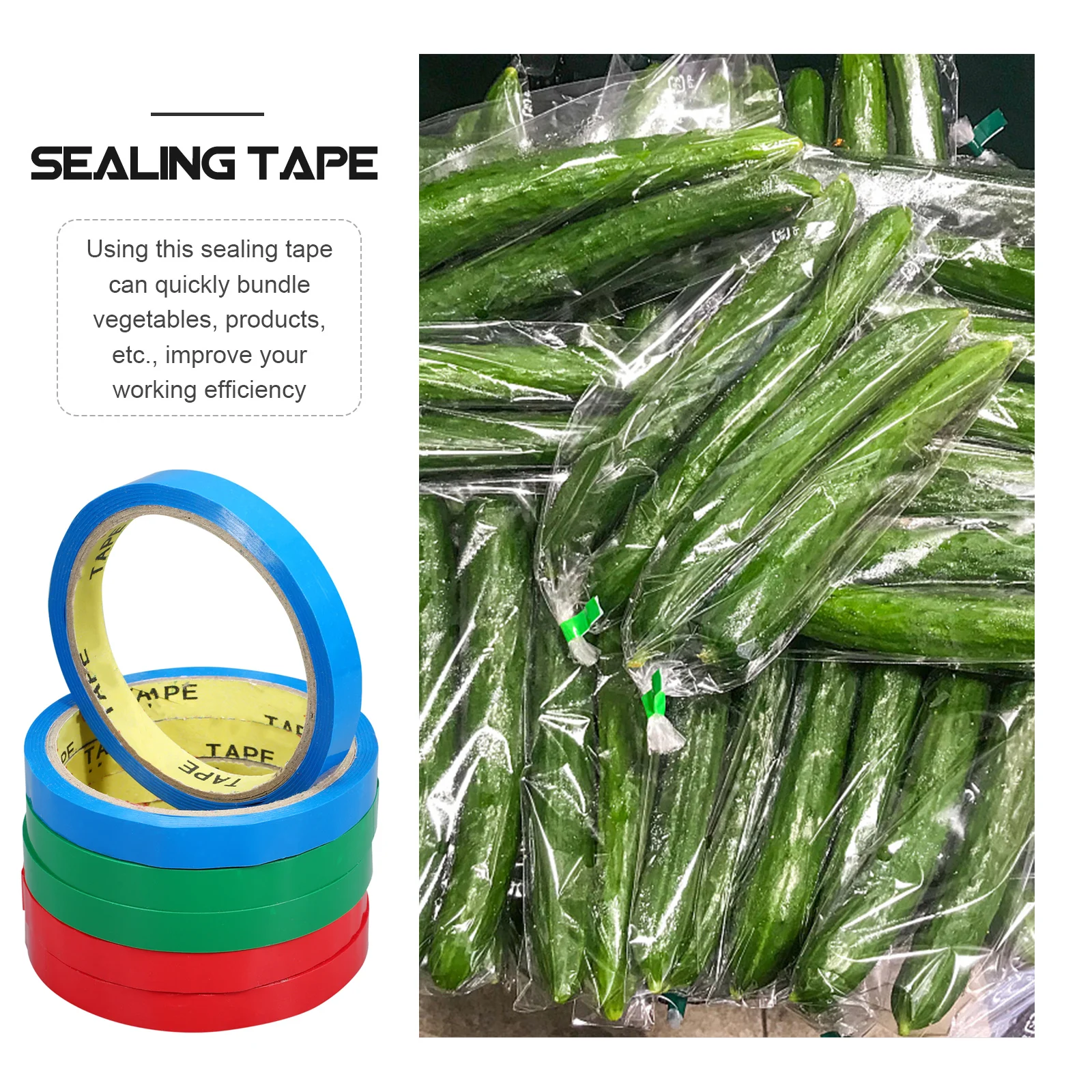 

6 Rolls PET Bag Sealing Tapes for Automatic Sealing Machine Vegetable Packaging Packing Tape with Dispenser Home Supermarket