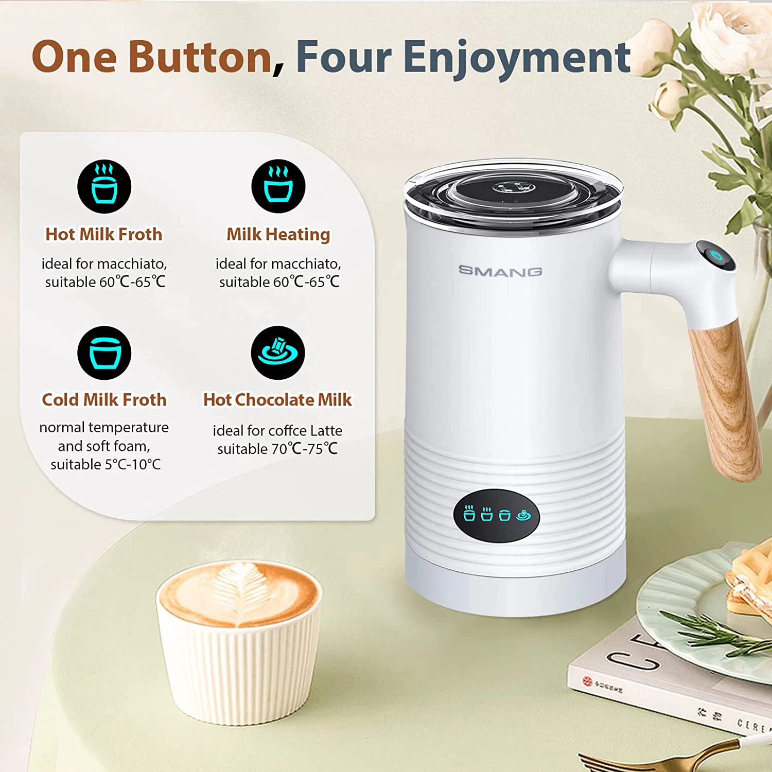 SMANG 400W Electric Mlik Forther 4 -in- 1 For Lattes & Coffee Hot And Cold Foam Maker Quiet One-Touch Operation Easy to Clean