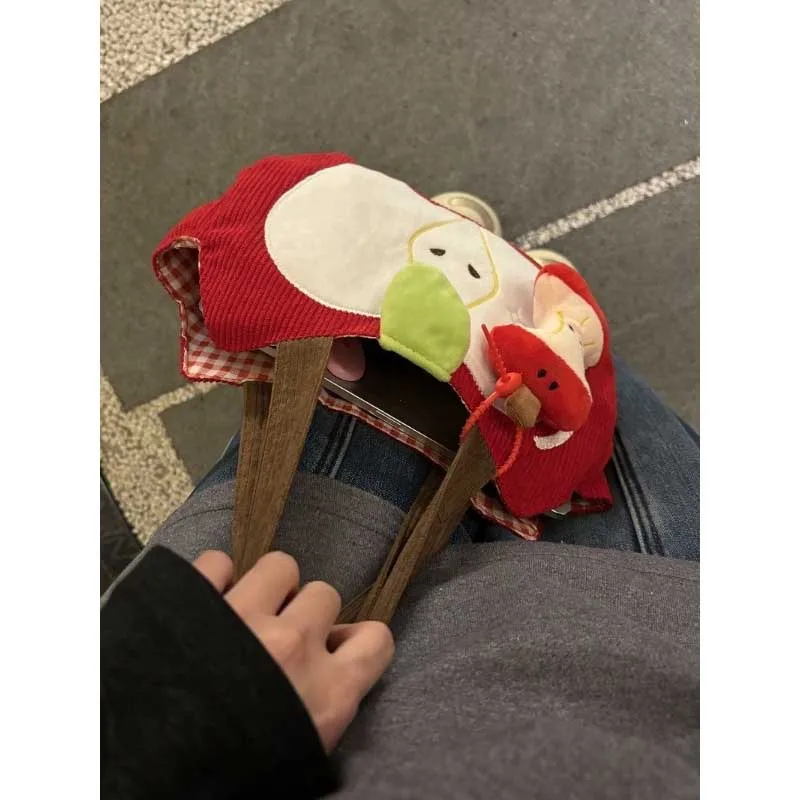Cute Red Apple Handbag Creative Corduroy Shoulder Bag Stylish Outing Canvas Bag With Apple Pendant Casual Versatile Shoulder Bag