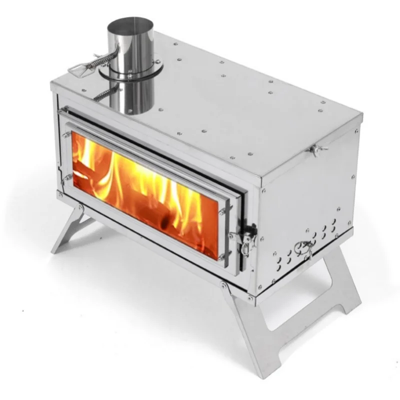 Outdoor Camping Tents Stove With Glass Winter Heating Oven Foldable Stainless Steel Wood Stove Heat-resistant Firewood Stove