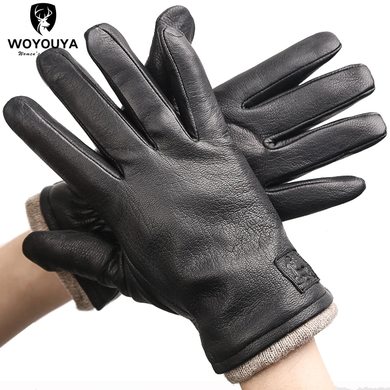 Guantes de invierno de cuero genuino negro para hombre, guantes de invierno para mantener el calor para hombre, guantes de cuero simples de piel de venado para hombre-8011A