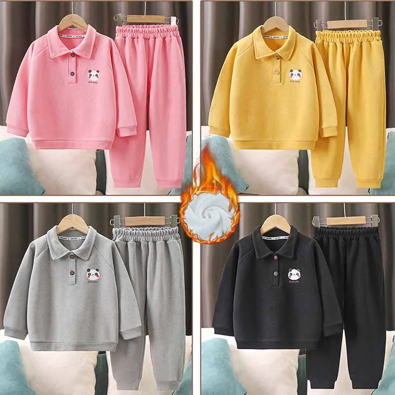 Girls Padded Set Boys Thickened Suit Children Cartoon Sweatshirt Pants 2 Pcs Winter Warm Outfits Autumn Kids Long Sleeve Clothes