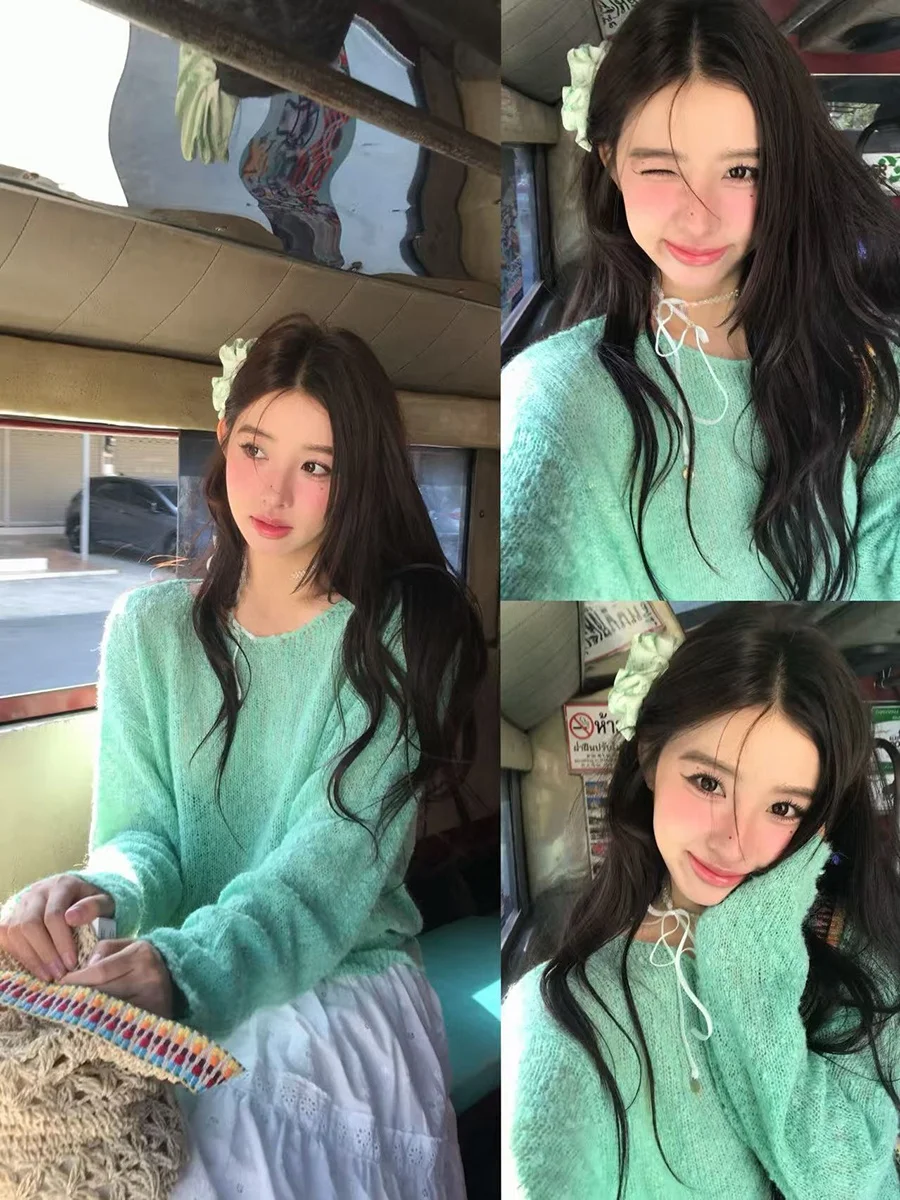 

Sweet Chic Spring 2026 Long Sleeve Thin Knitted Sweater Candy Color T-Shirt Women's Loose Fit round Neck UV Protection