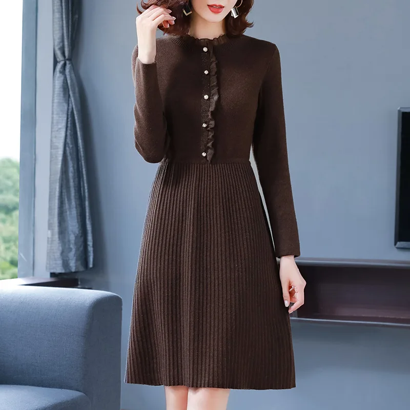 Middle Aged Mother Knitting Dress Buttons Long Sleeve Pullovers Slim Vintage Knitwears For Women Autumn Winter Bottom Sweater