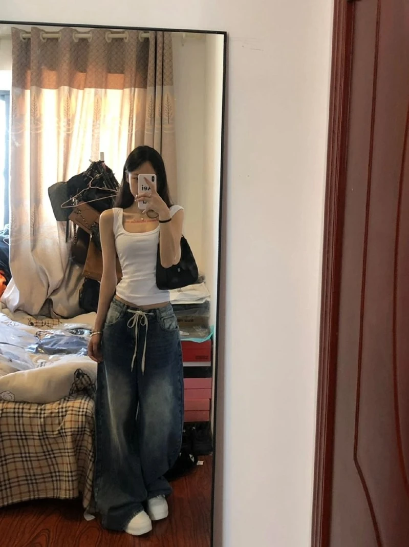 

Свободные джинсы с высокой талией и завязками для женщин, широкие брюки в американском стиле, весна-осень, High Street Vibe