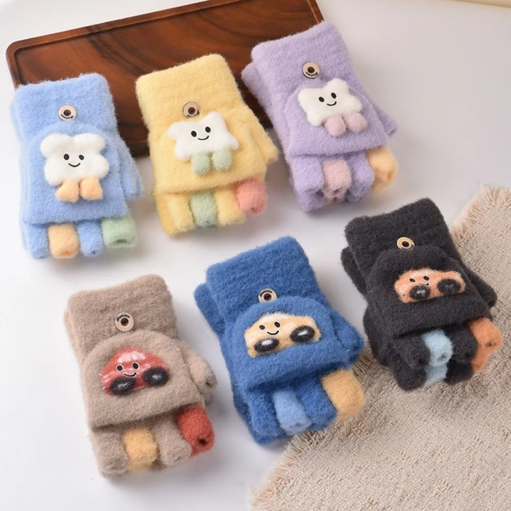 New Children Cartoon Gloves Warm Thickened Half Finger Flip Gloves Touch Screen Windproof Winter Gloves