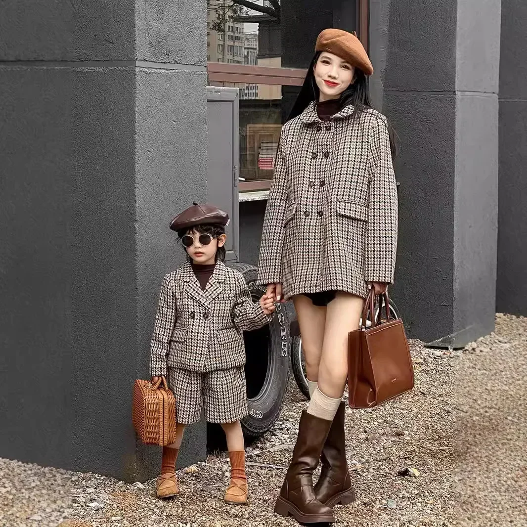 Formal Boy Girl Coat Shorts Two Piece Outfits Set Women Long Jacket Winter Mother Son Child Matching Clothes Plaid Warm Birthday