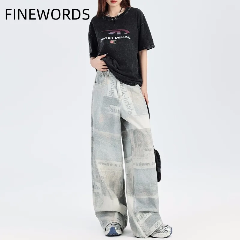 FINEWORDS High Waist Vintage Poster Printing Jeans Women Casual Wide Leg Korean Jeans Y2k Streetwear punk Harajuku Denim Pants