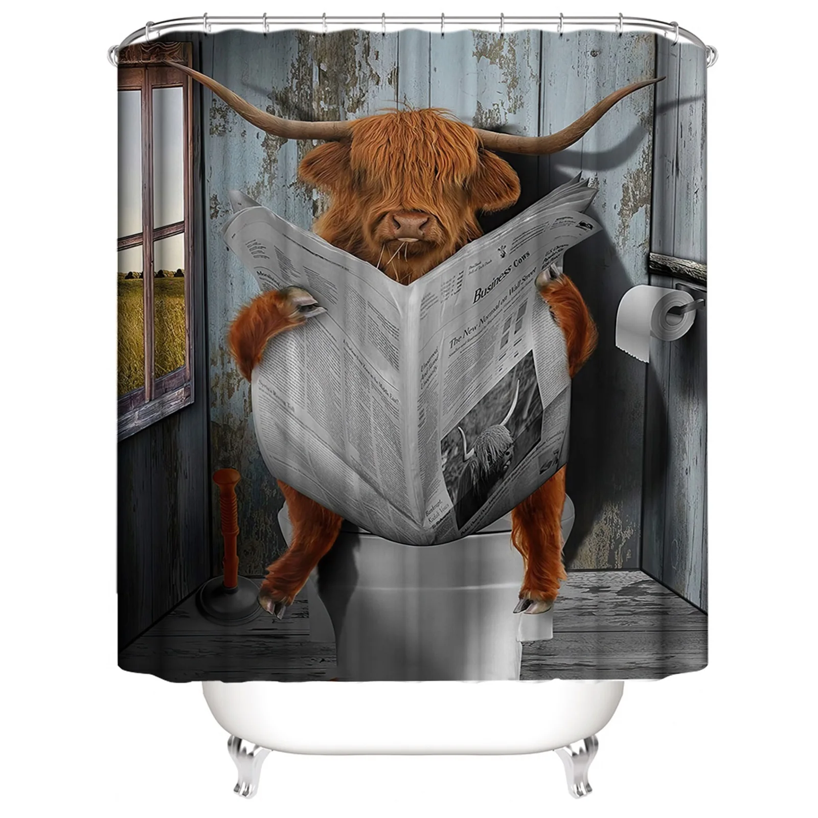 1 Pcs cartoon countryside yak waterproof shower curtain, bathroom decoration for reading newspapers, with 12 plastic hooks