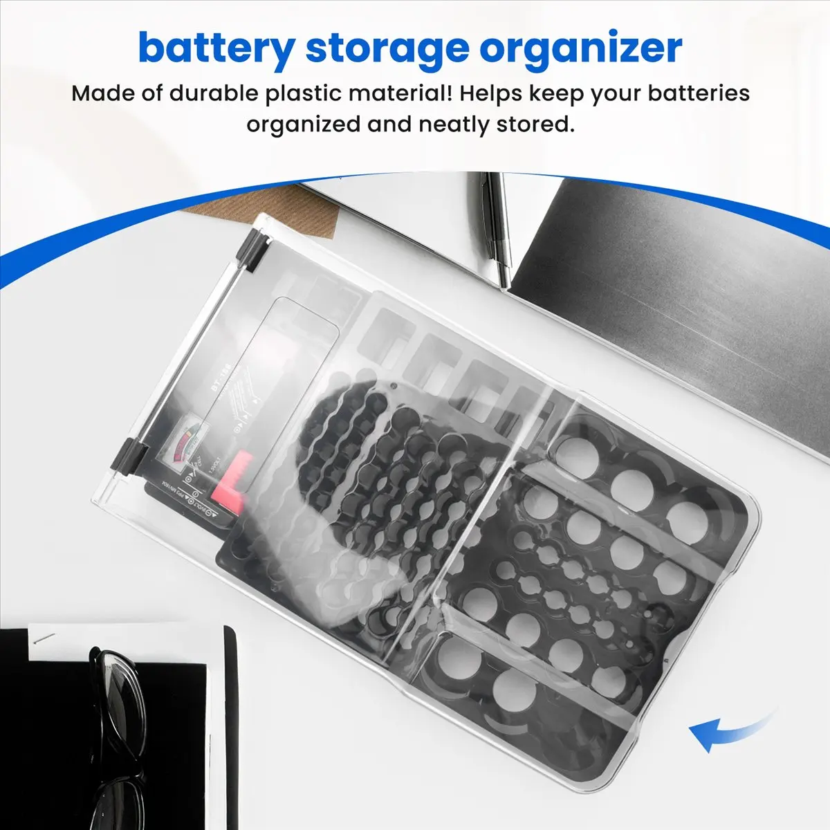 T24C the Battery Storage Case,Organizer with Hinged Clear Cover, with Battery Tester, Holds 93 Batteries Various Sizes, Black