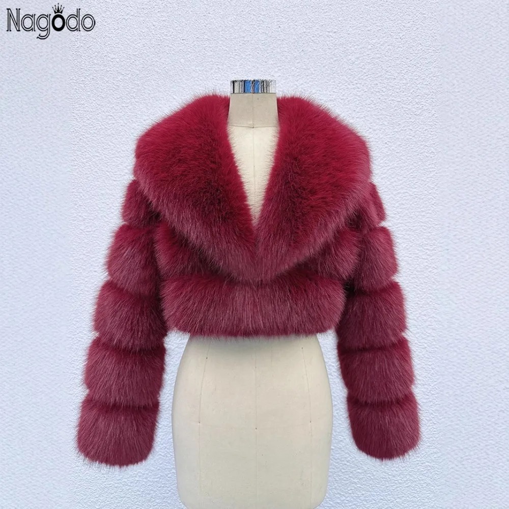 

Nagodo Faux Fur Short Jacket Thick Warm Women Long Sleeve Fluffy Coat 2025 Winter Turn Down Collar Imitation Fox Fur Outwear