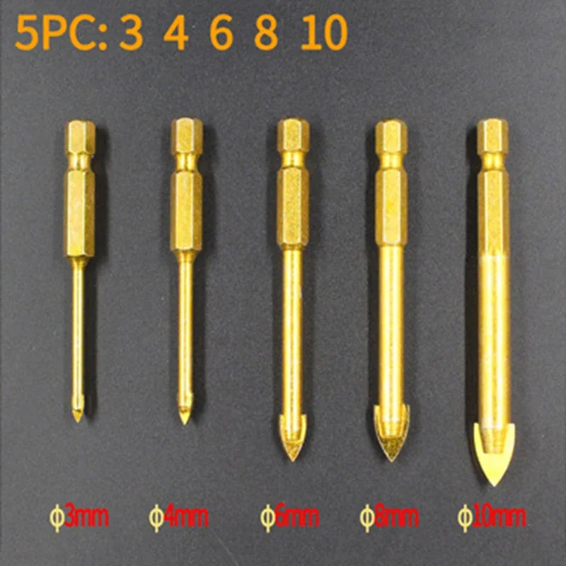 

5pcs 1/4" Hex Shank Glass Bits Titanium Coated Drill Set 3 4 6 8 10mm Tile Concrete Flat Tip Hole Bit Drilling