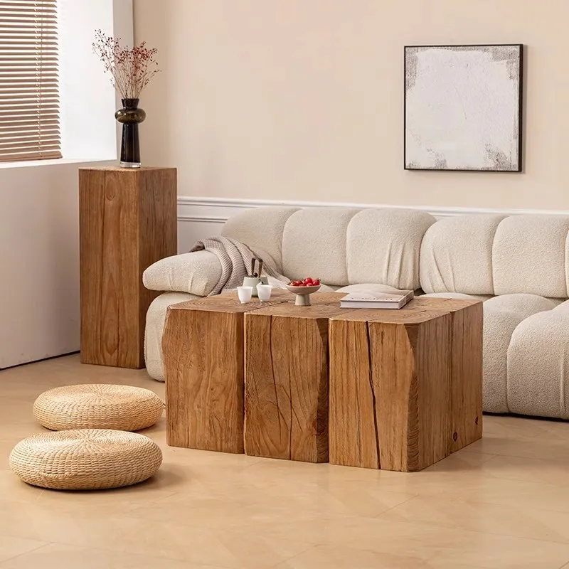 Log retro coffee table side few wooden pier stool hotel square wooden pile ornament old color flower stand balcony tea