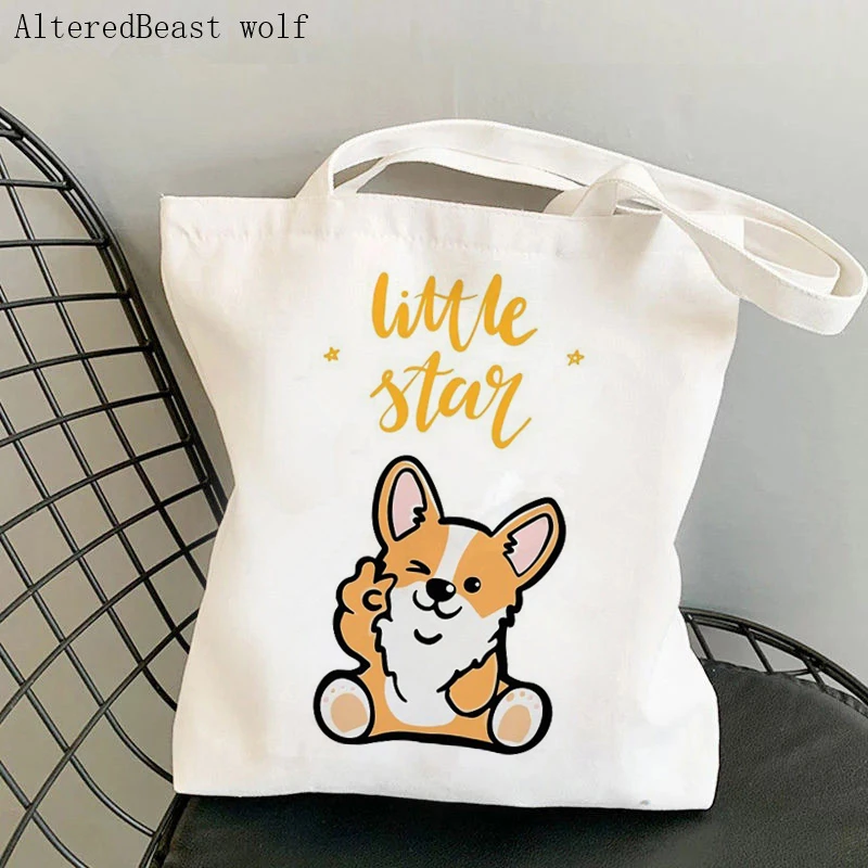 

Women Shopper bag Cute Corgi Little star Kawaii Bag Harajuku Shopping Canvas Shopper Bag girl handbag Tote Shoulder Lady Bag