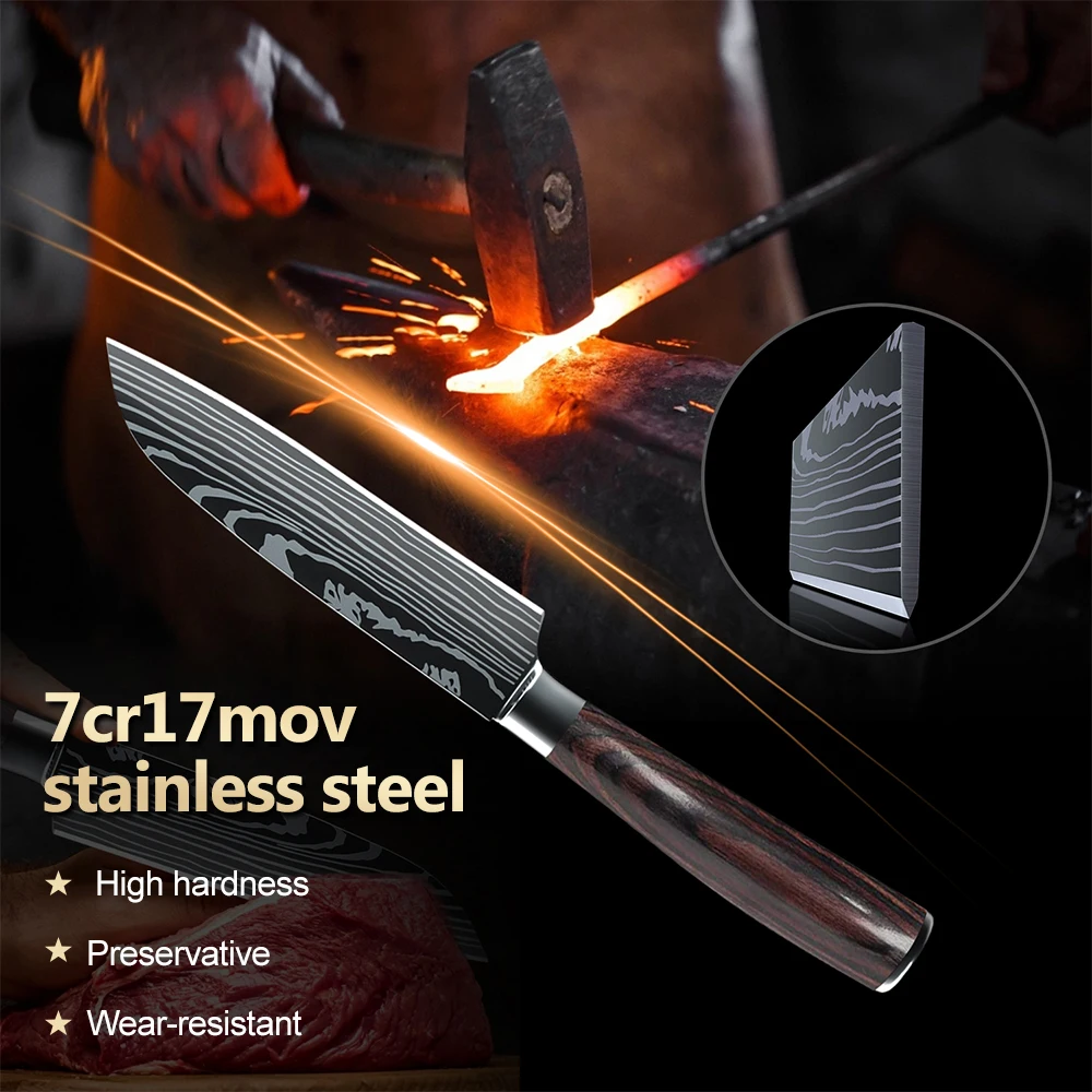 5pcs High Quality Chef Knife 7CR17 High Carbon Stainless Steel Japanese Series Damascus laser pattern Sharp Blade Kitchen Knife