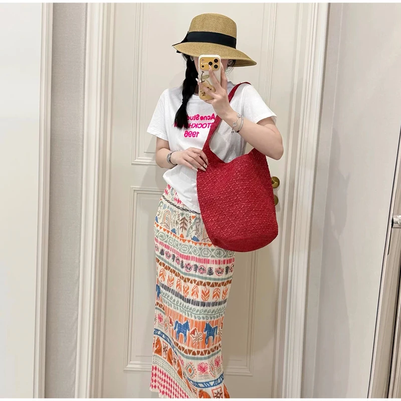 Retro Style Handwoven Raffia Bucket Bag, Bohemian Straw Shoulder Tote Large Capacity Casual Beach Vacation Woven Purse For Women