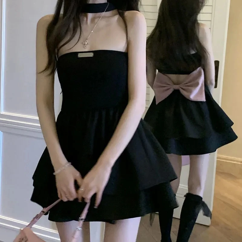 Black Mini Dresses Womens Back-bow Design Korean Lovely Party Dress Fashion Leisure Summer Y2K Hollow Backless Strapless Dress