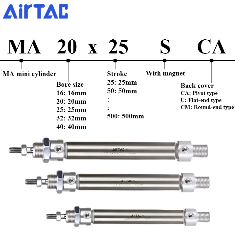 AirTAC MA16 20 25 32 40-S-CA/U Stroke 25 to 500mm Stainless Steel Double Actiing Air Mini Pneumatic Cylinder Piston Cylinders