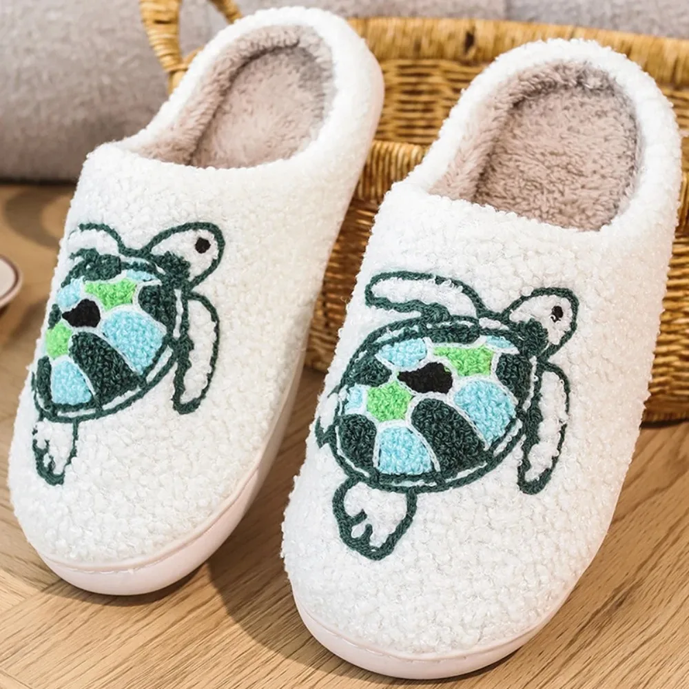 

Зимние домашние удобные плюшевые тапочки Smile Pop с милыми мультяшными черепахами, пушистые хлопковые тапочки, нескользящие теплые домашние тапочки