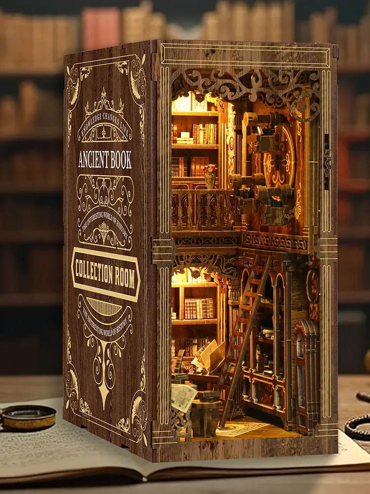 Hölzernes Mini-Puppenhaus DIY Buchnischen-Set Montagemodell 3D-Puzzle Buchstütze Spielzeug Bücherregal-Einsatz Heimdekoration für Weihnachten Geburtstagsgeschenk