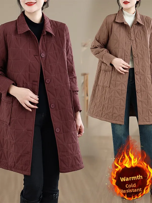 

Artistic Diamond Pattern Cotton Jaet Women's Mid-Length Winter New Faion Loose Stitching Thiened Warm Cotton Coat