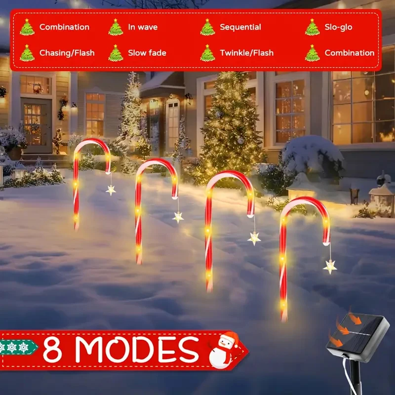 عيد الميلاد أضواء قصب الحلوى الشمسية 4 قطعة 8 وضع الإضاءة مقاوم للماء حديقة الطاقة الشمسية الجنية ضوء للخارجية عطلة المنزل ساحة الحديقة