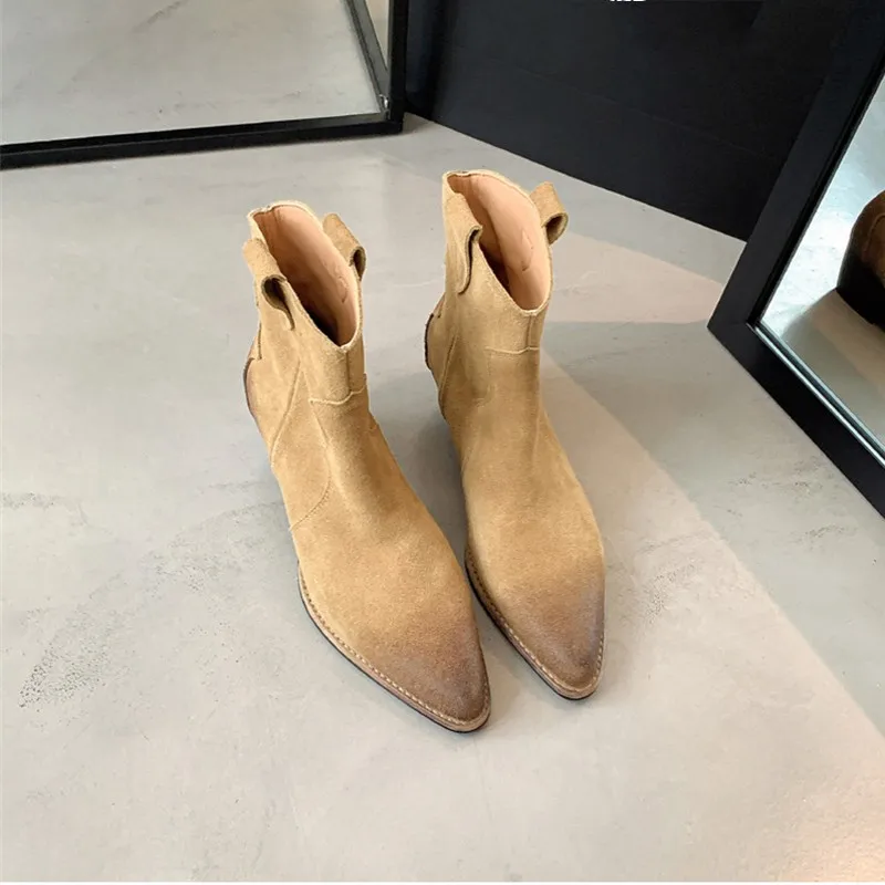 2023 Winter New Classic Chelsea Boots Woman Cow Suede Pointy Toe Wedge Heel Ankle Boots Simple Comfortable Cowboy Boots Female