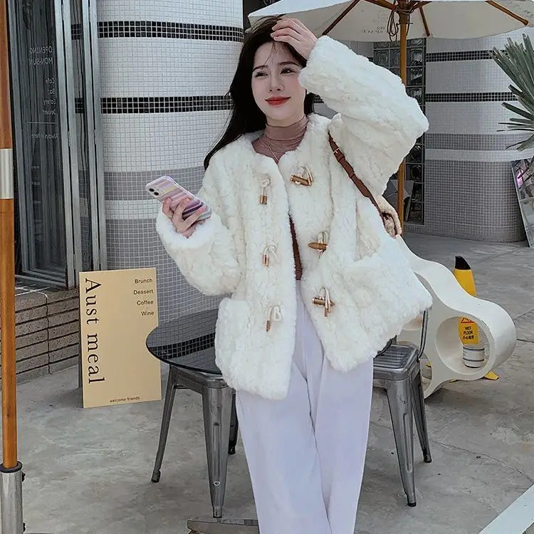 New White Lamb Fur Coat Korean Plush Fur Environmentally Friendly Fur Cow Horn Buckle Rabbit Fur Thickened Women's Cotton Jacket