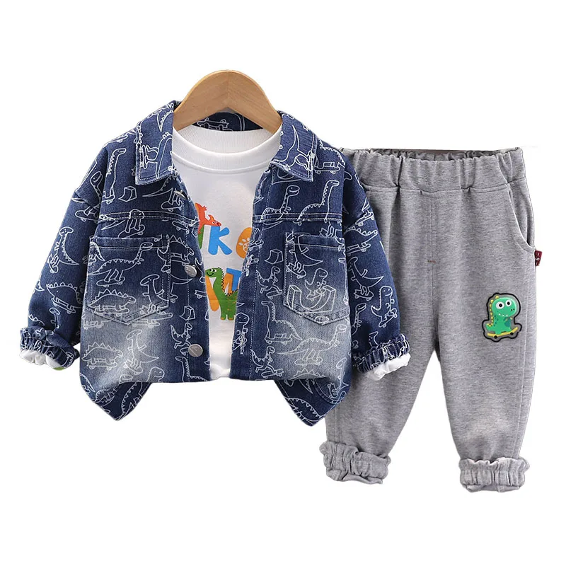 

Childrens Sets 2024 Spring Autumn Baby Boy Clothes Cartoon Dinosaur Denim Jackets + T-shirts + Pants Suit for Kids Boys Outfits