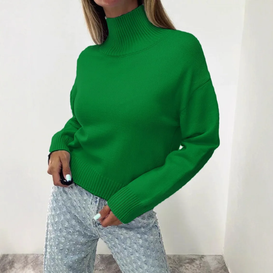 Women Turtleneck Knit Sweaters Thick Warm Casual Jumpers Spliced Long Sleeve Loose Sweater Simple Lady Streetwear Autumn Winter