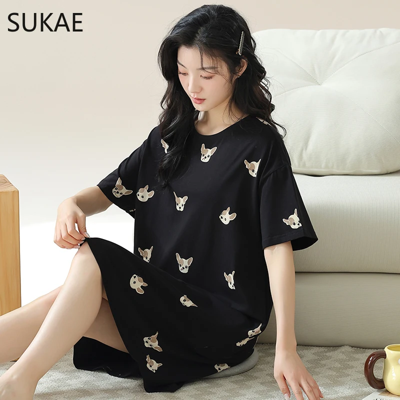 SUKAE Women Summer Nightgowns Leisure Sleepshirt Short Sleeves Pullover Cartoon Dress Kawaii Girl Sleepwear Casual Cozy Long Top