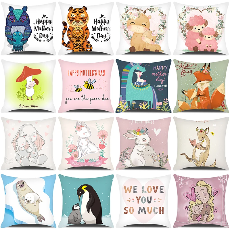 2022 Mother's Day Gifts Decor Pillow Case Happy Mother's Day Cartoon Animals Parent-Child Pillow Covers Cushion Cover for Sofa