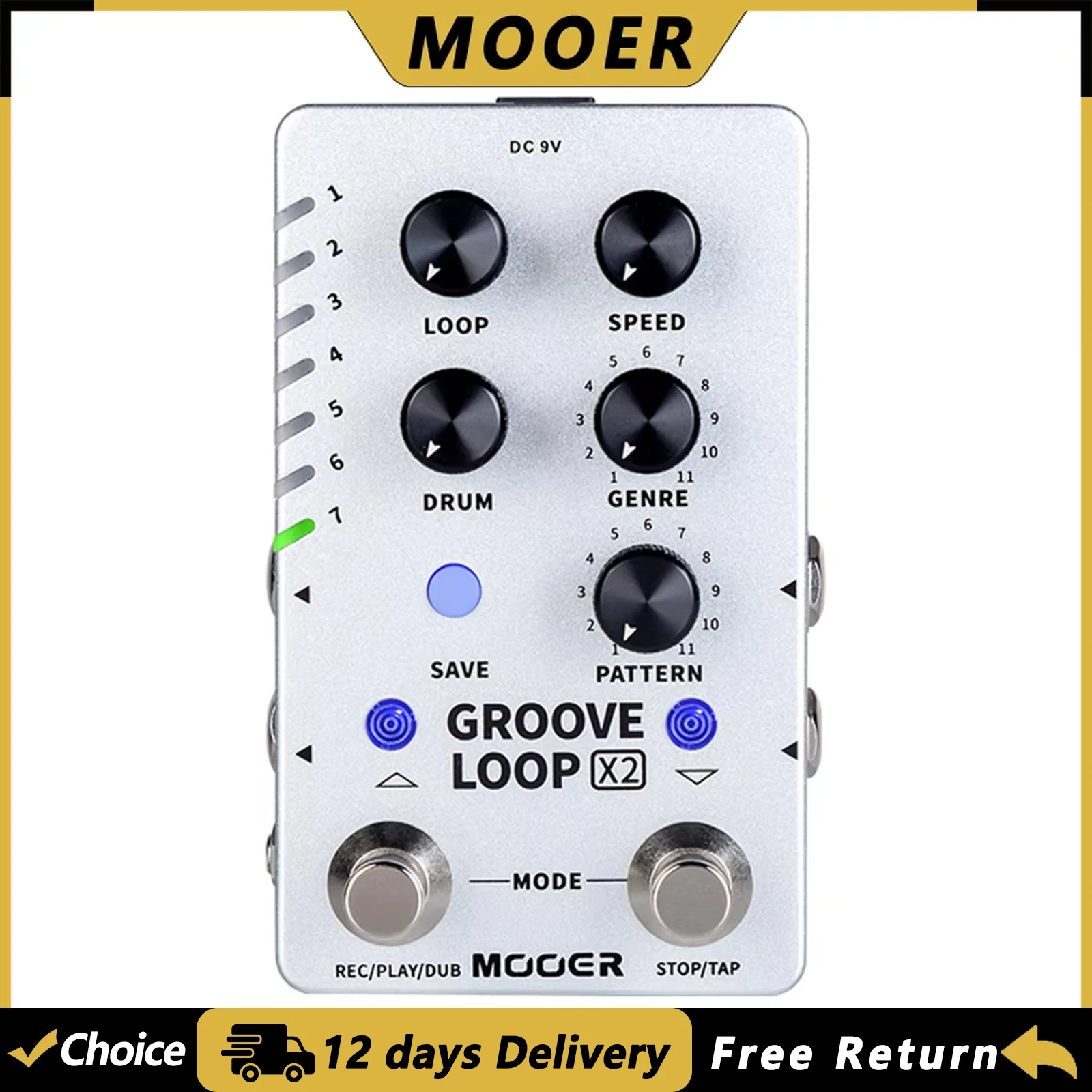 

Педаль эффектов MOOER Groove Loop X2 для электрогитары, стерео-лоупер с 121 различными барабанными грувами, 14 слотами для сохранения, педаль драм-машины