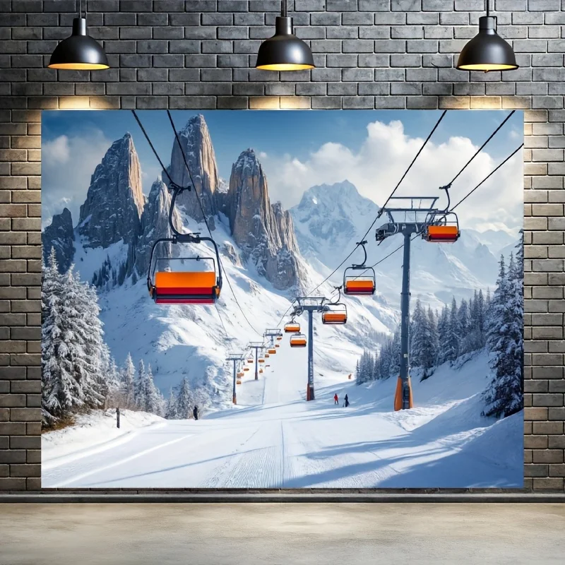 Winter-Ski-Resort-Party-Banner für eine Person – Hintergrund in alpiner Landschaft, Schneepisten, Skiliften und orangefarbene Kabinen