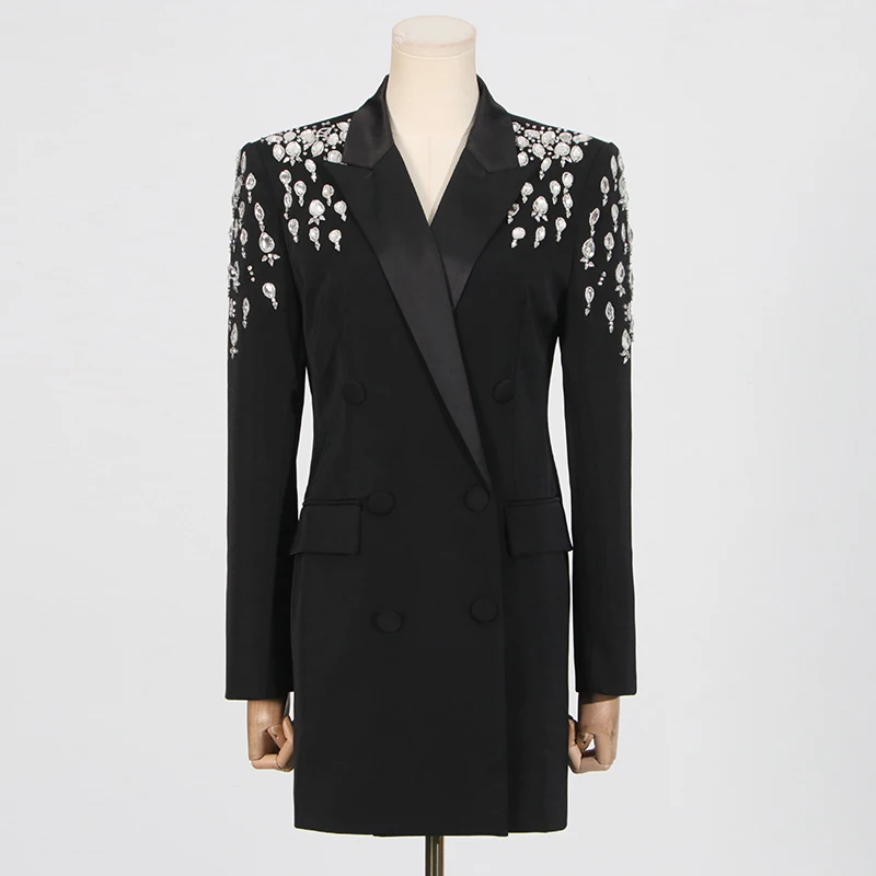 VGH Sexy Solid Spliced Diamonds Blazer For Women Notched Collar Long Sleeve Temperament Slimming Tunic Blazers Female Fashion