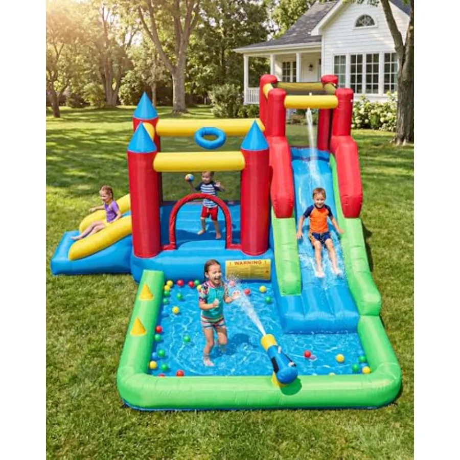 

9-in-1 inflatable bounce house for backyard play, PVC material, blue and red, wet or dry use with water slide, trampoline, clim