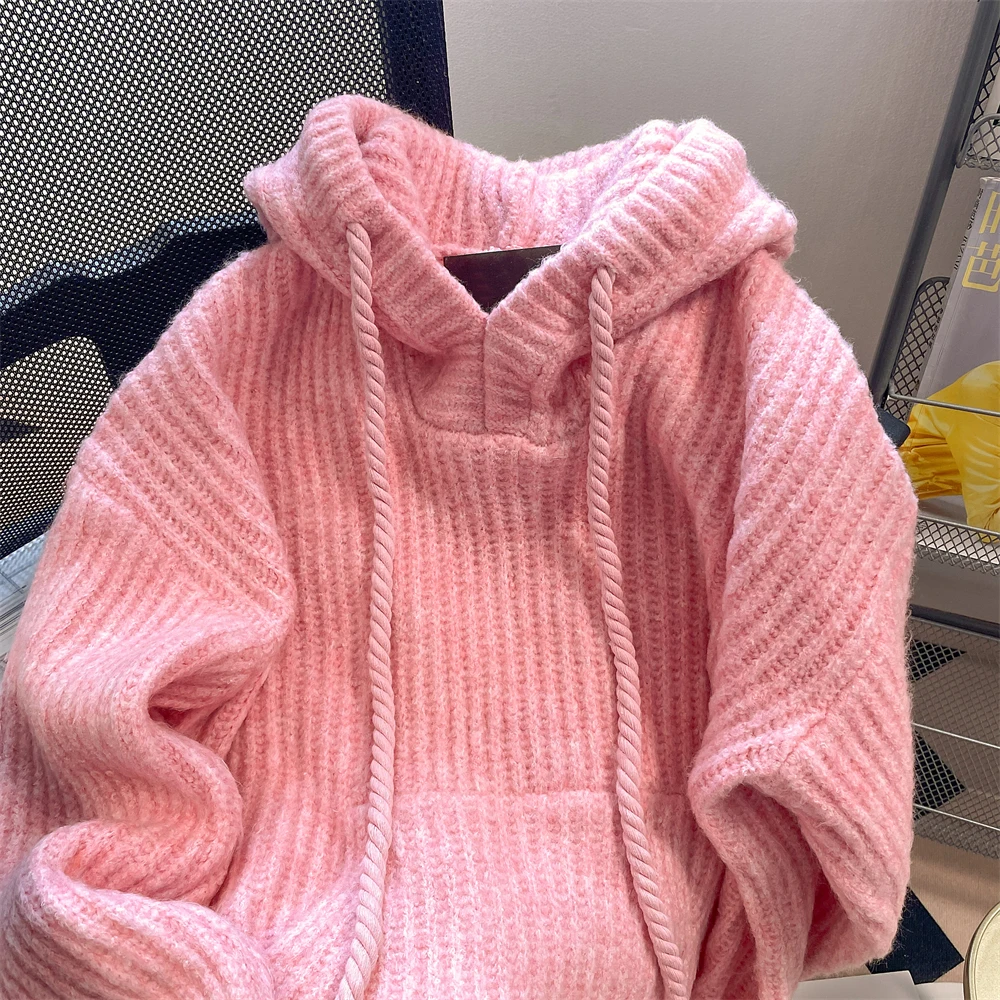 Korean Style Pink Knitted Hoodies Women Spring Autumn Long Sleeves Hooded Sweater Coats Fashion Sweet All-matched Hoodies